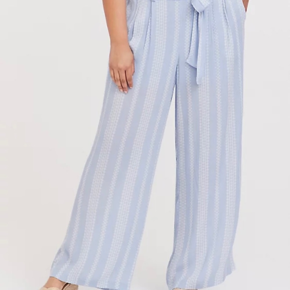 LIGHT BLUE GEO STRIPE GAUZE SELF TIE WIDE LEG PANT